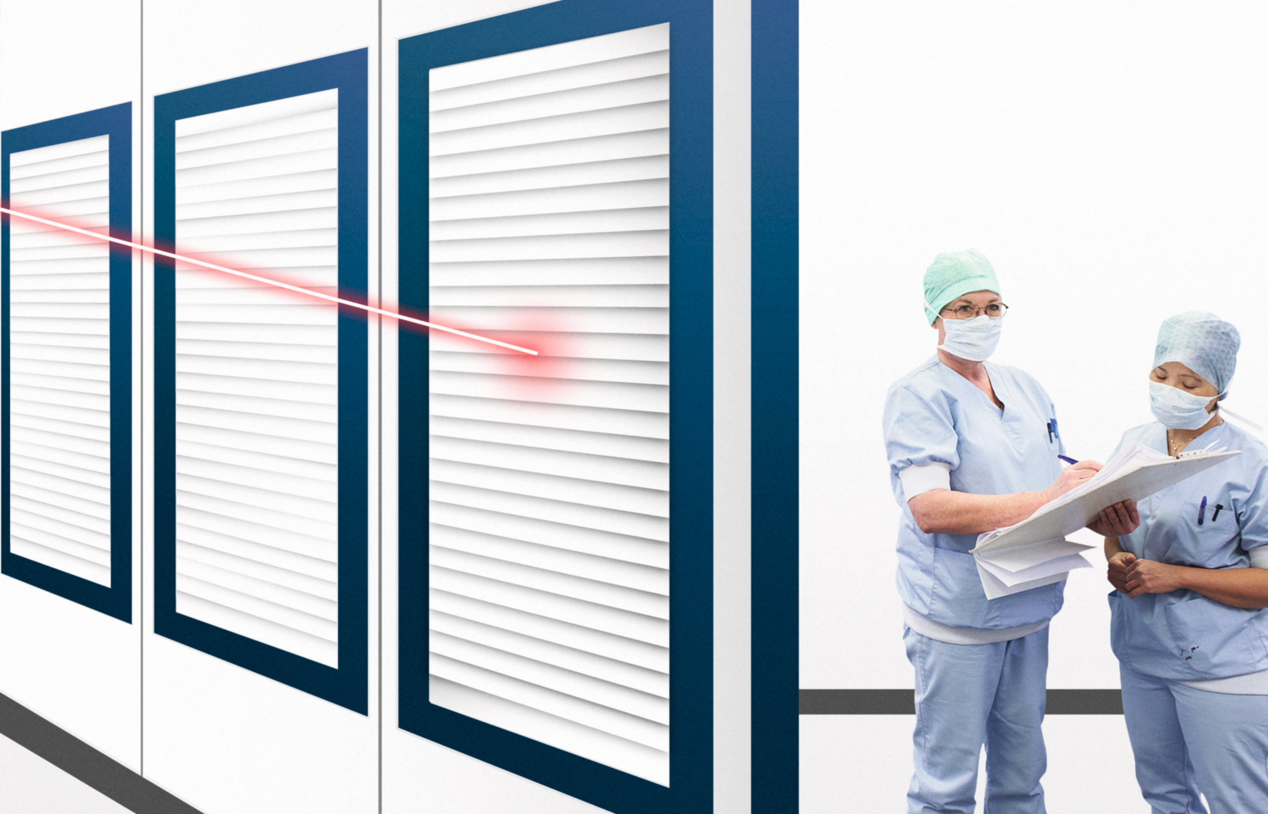 Die Laserlamellen eines Laserschutz-Rollos schützen medizinisches Personal vor einem roten Laser.