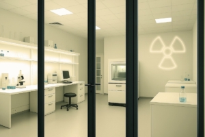 Strahlenschutz-Labor mit Strahlenschutz-Glastür. Das gelbliche Bleiglas der Fenster schützt vor Röntgen- und Gammastrahlung, erlaubt aber vollen Einblick.