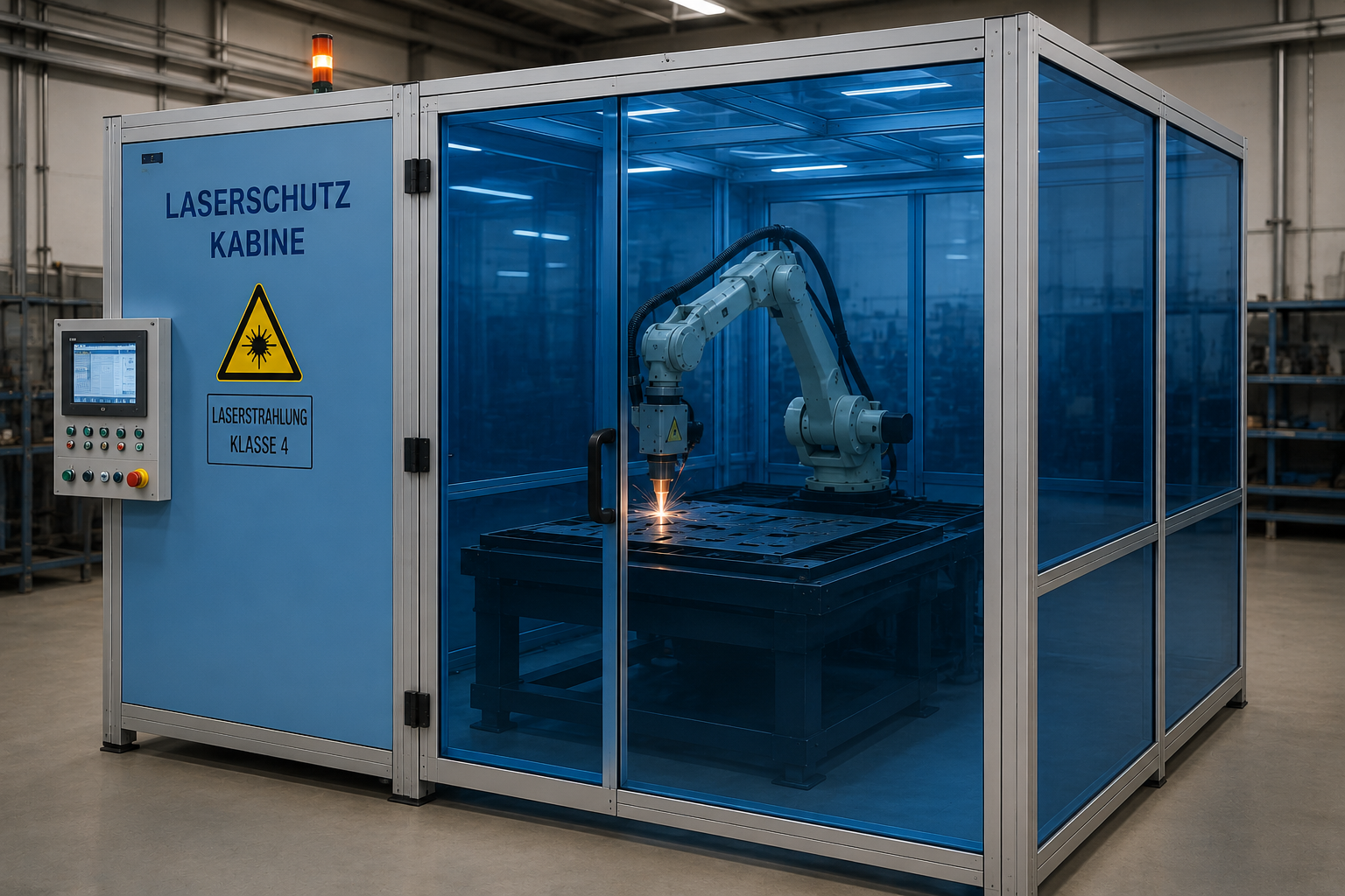 Eine Laserschutzkabine aus speziellem Laserschutzglas. Hier schneidet ein Roboter mit einem Laser der Klasse 4 Teile aus einem Stahlblech heraus. KI-generiertes Anwendungsbeispiel. Eine Laserschutzkabine aus speziellem Laserschutzglas. Hier schneidet ein Roboter mit einem Laser der Klasse 4 Teile aus einem Stahlblech heraus. KI-generiertes Anwendungsbeispiel.